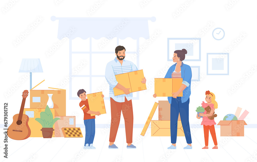 Family packing stuff. Happy characters holding cardboard boxes in room for movers moving house, people and bags delivery cargo, woman mom move new home, swanky png illustration