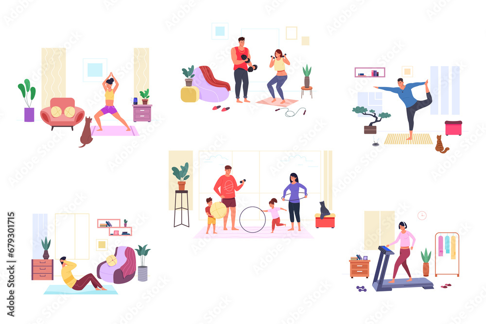 Family sports stretching. Diverse position of sport exercise home workout characters, fit couple doing casa gym wellness kid with father practicing yoga, garish png illustration