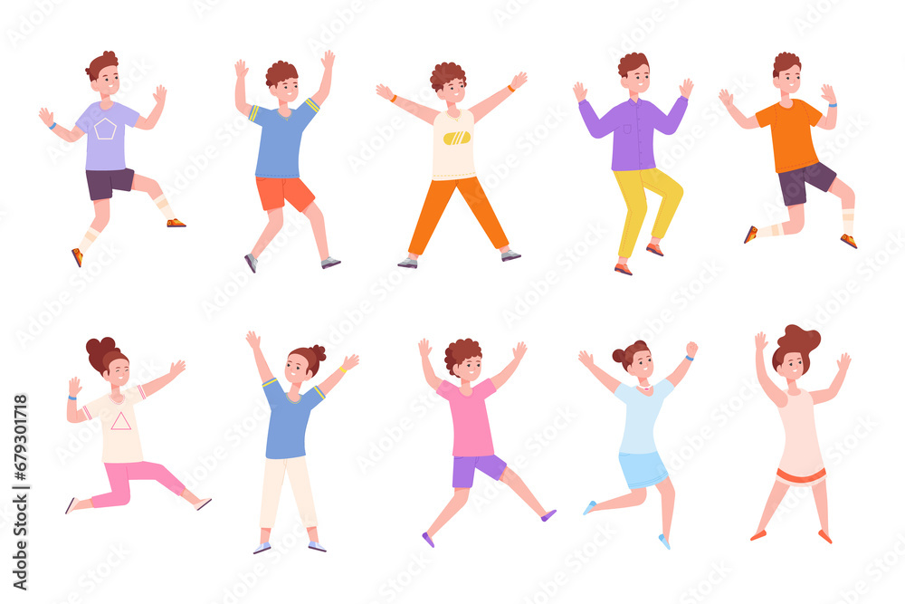 Children posing jump. School kids have jumping pose, pupils active leisure aerobic movement, happy childhood boy, cute action teenagers fun kid ballet, splendid png illustration