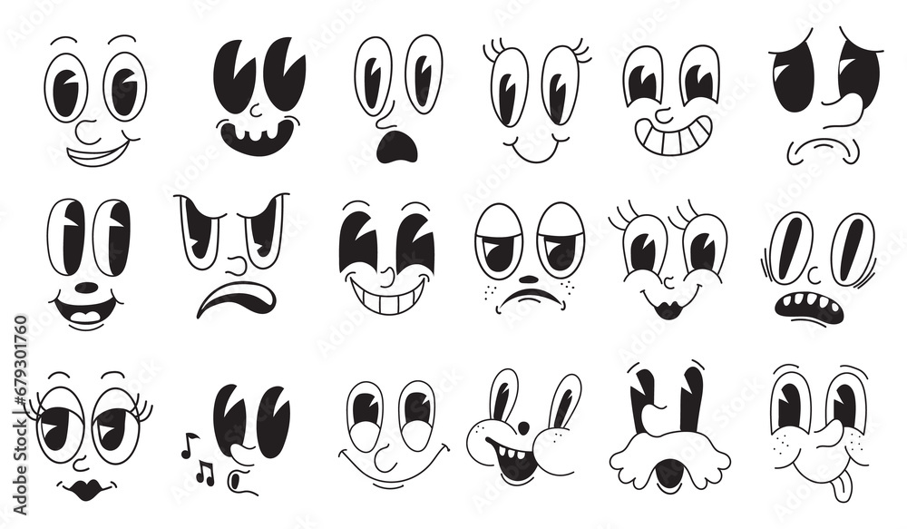 Facial mascot 30s. Looking toon faces quirky characters, creator cartoon laughing persona without limbs, retro vintage comic animation face eye caricature neat png illustration - obrazy, fototapety, plakaty 