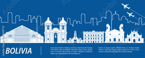 Bolivia famous landmark silhouette with blue and white color design,vector illustration