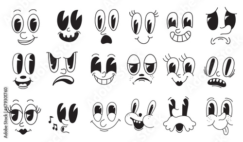 Facial mascot 30s. Looking toon faces quirky characters, creator cartoon laughing persona without limbs, retro vintage comic animation face eye caricature neat png illustration photo
