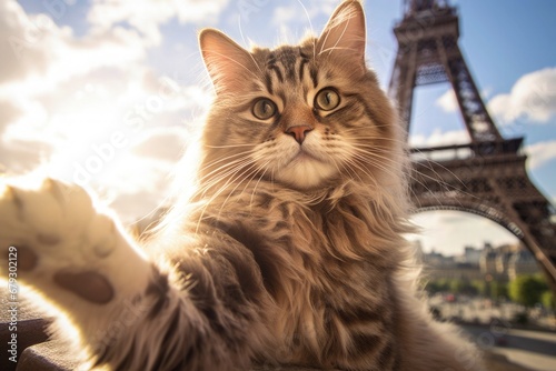 Cat in front of the Eiffel Tower Paris France looking forward to Paris Olympics Olympic Games 2024 Bonjour Le Chat Give me Five Greeting Saying Hello by The River Seine Opening Ceremony Celebration