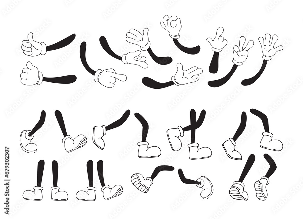 Hand feet mascot animation. Different movement legs and hands comic character, expression foot in shoes, cartoon white arm victory, drawing kick finger, neat png illustration