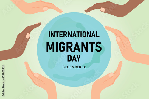 International Migrants Day. International Migrants Day banner or poster with globe and people's hands. Vector illustration.