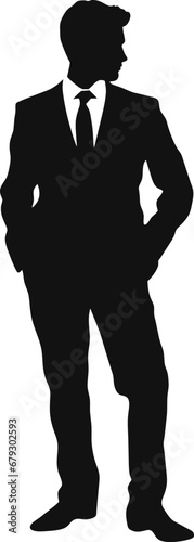 Vector silhouette of a man in a business suit standing, black color isolated on white background