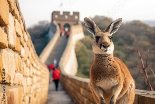 Happy Chinese New Year 2024 A Kangaroo Visiting the Great Wall in Beijing, China photo