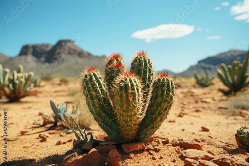 Cactus in Desert with Flower Blooming on Sunny Blue Sky Background Lophocereus Schottii Stenocereus Thurberi photo