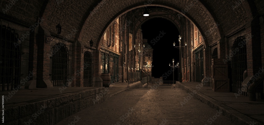 Steampunk street with arch at night. Lanterns illuminating old brick buildings. Beautiful night cityscape in a steampunk style. Photorealistic 3D illustration.