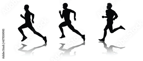 Vector Black Color Silhouette Runner Men Set Collection Isolated on White Background. Sport Concept Silhouette Illustration. Running Man in Race. Creative energy concept human runner icon.