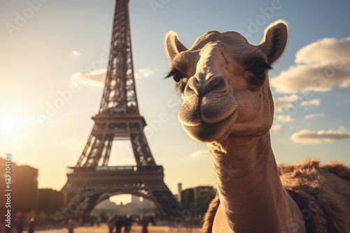 Camel in front of the Eiffel Tower Paris France looking forward to Paris Olympics Olympic Games 2024 Bonjour Le Chat Give me Five Greeting Saying Hello by The River Seine Opening Ceremony Celebration