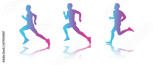 Vector Neon Colors Gradient Silhouette Runner Men Set Collection Isolated on White Background. Sport Concept Silhouette Illustration. Running Man in Race. Creative energy concept human runner icon.