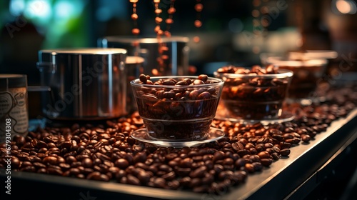 Dark Roast Espresso Beans. Cup of Coffee with Brown Background