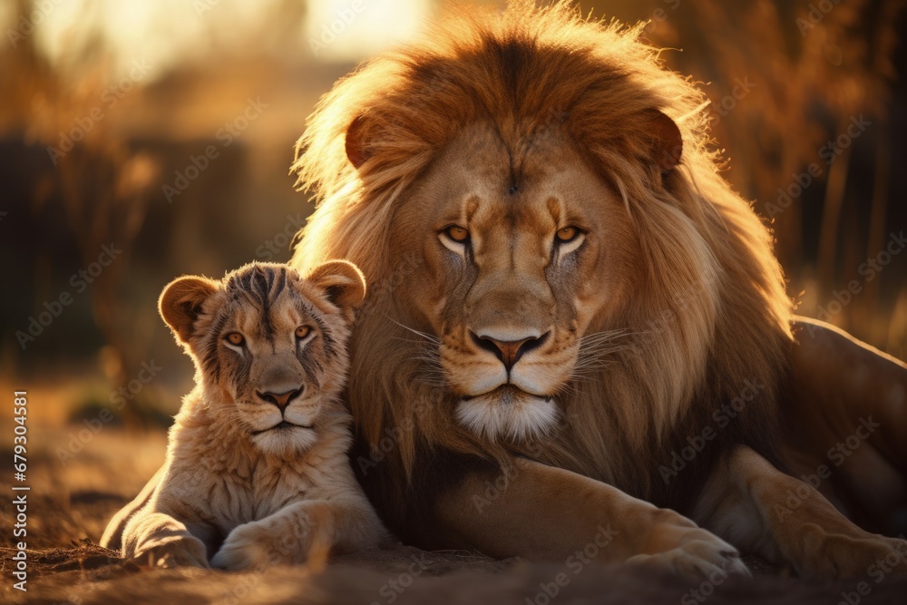 Father Lion and Baby Lion Offsprings in Desert Habitat Wildlife Endangered Species Animals Environmental Protection Conservation Nature Reserve