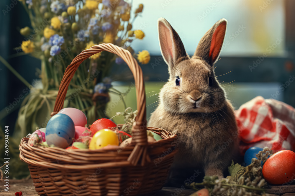A curious brown bunny sits behind a basket filled with colorful Easter eggs, with a bouquet of wildflowers in the backdrop. A curious brown bunny sits behind a basket filled with colorful Easter eggs, with a bouquet of wildflowers in the backdrop.