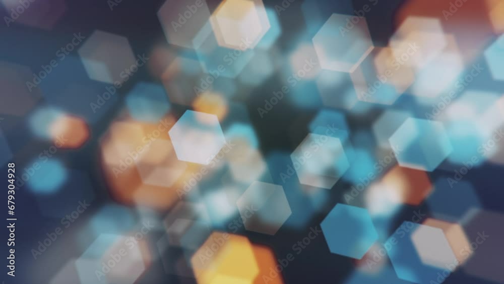 Abstract bokeh background animation with gently flickering defocused warm blue and amber light hexagons. This elegant motion background is full HD and a seamless loop.