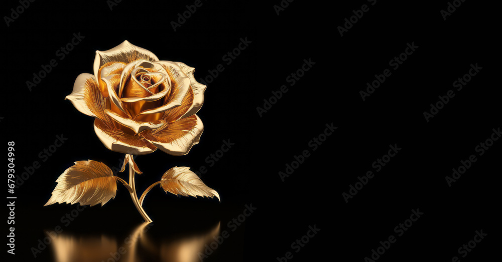 Banner golden rose on a black background, Blank greeting card. - obrazy, fototapety, plakaty 
