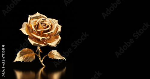 Banner golden rose on a black background, Blank greeting card. photo
