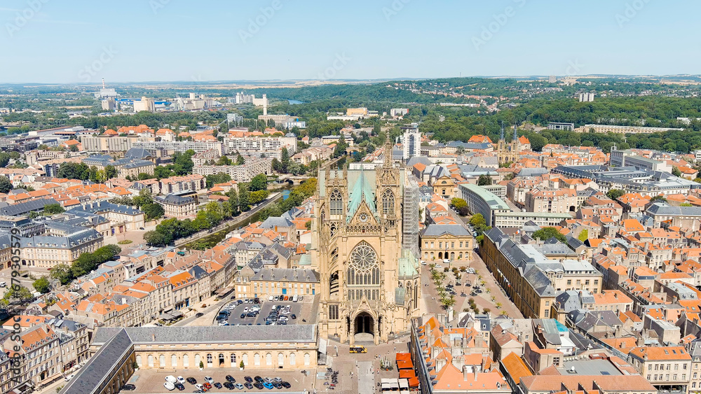 Metz, France. Metz Cathedral. View of the historical city center. Summer, Sunny day, Aerial View