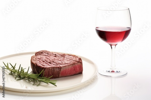 A gourmet dinner featuring a succulent grilled beef steak with rosemary, served on a wooden board, complemented by a glass of red wine.