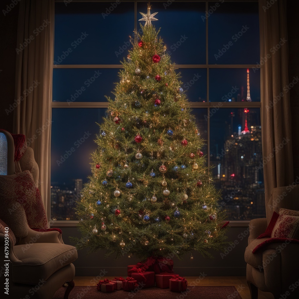 Christmas Day Decorations with Christmas tree and gifts  Generative AI