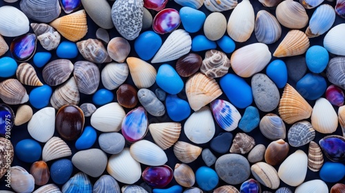 background of shells and stones on blue.