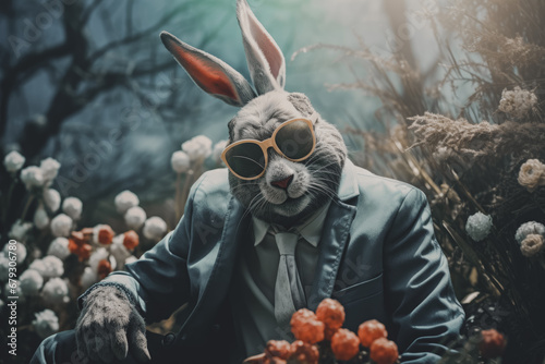 Easter bunny in a suit and sunglasses, set against a moody floral backdrop, evokes a cool yet whimsical holiday theme.