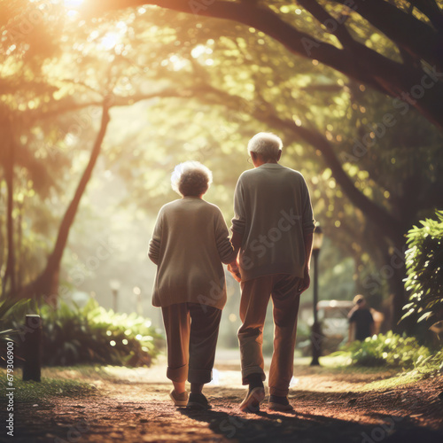old couple walking in the park, blured nature park background. ai generative