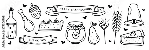 Thanksgiving doodle set, black and white vector illustrations