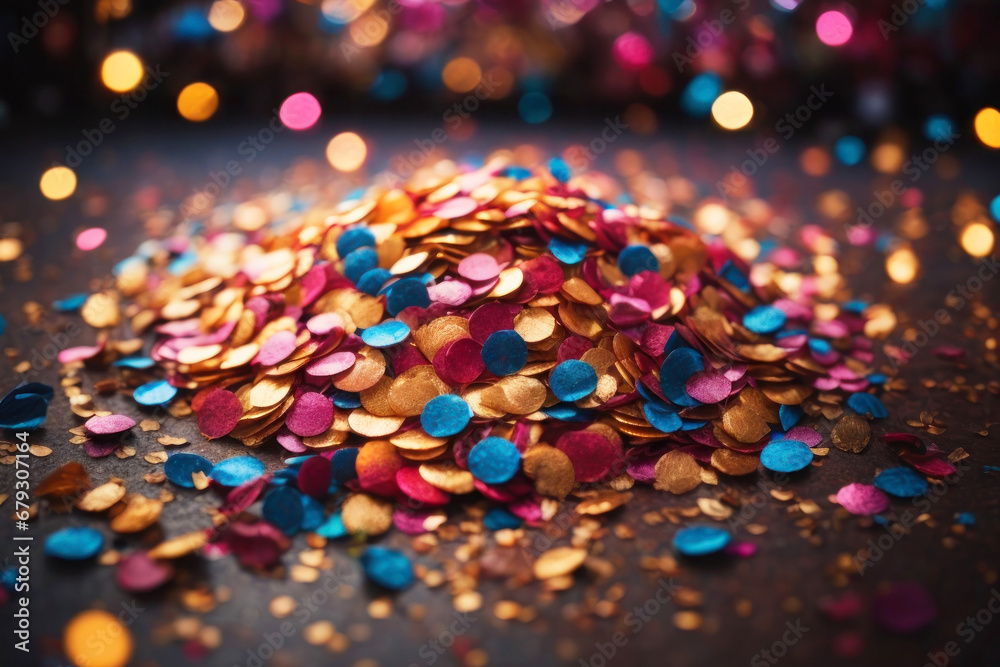 Beautiful shiny background with bokeh effect. Explosion of a cracker, multi-colored paper confetti, gold, red and blue colors.