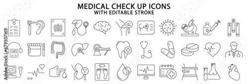Medical check up icons. Medical check up line icons. Medical check up icon set. Vector illustration. Editable stroke.