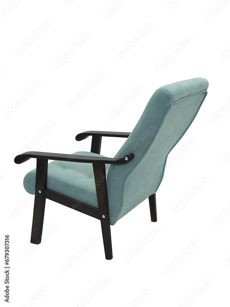 blue fabric armchair with wooden elbow and legs isolated on white background, back view. modern furniture, interior, home design in minimal style blue fabric armchair with wooden elbow and legs isolated on white background, back view. modern furniture, interior, home design in minimal style