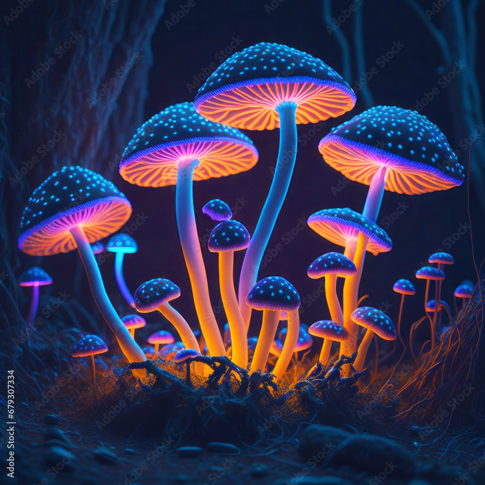 Magical fairy-tale image, a group of glowing neon mushrooms on thin legs against the backdrop of a dark forest. Mystical plant.