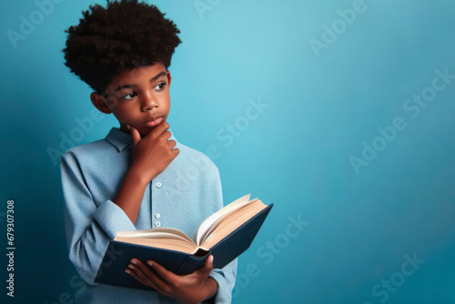 portrait of cute black boy student thinking and holding big book isolated on blue background. ai generative