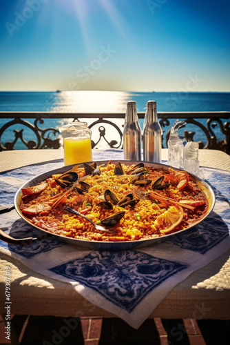 Generative AI illustration of paella rice with seafood photo