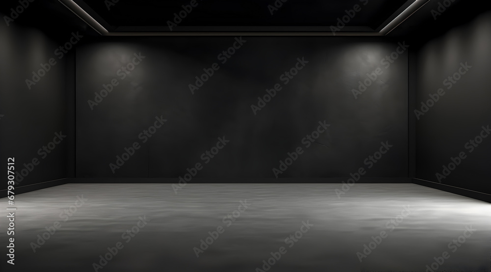 Dark room with black walls and floor, illuminated by ceiling lights. Dark room with black walls and floor, illuminated by ceiling lights.