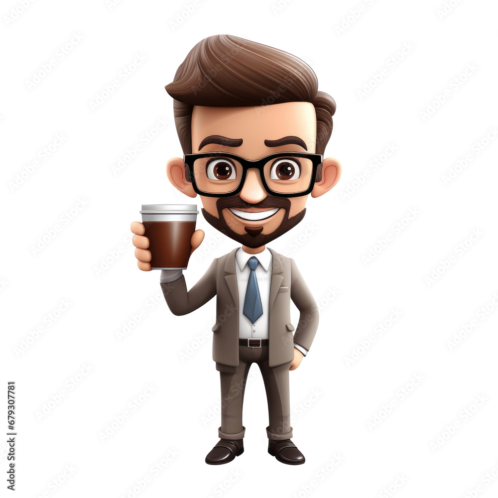 man holding cup of coffee 3d model isolated on transparent background, png