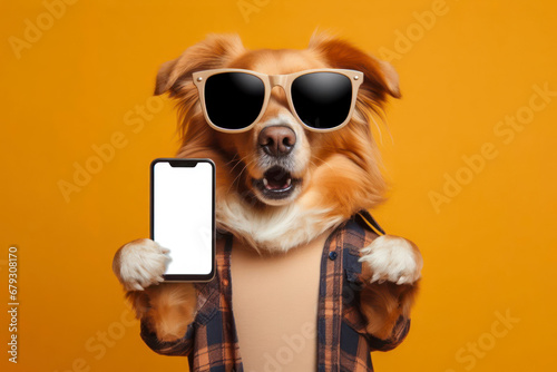 Shocked dog in sunglasses holding smartphone with white mockup screen on solid color background. ai generative