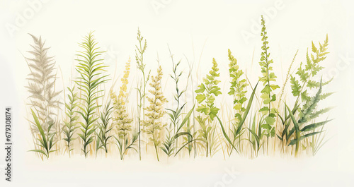 Watercolor brush art of grasses and flowers in green and beige style, highly detailed environments, naturalistic depictions of flora, gentle romantic scenes, outdoor art.