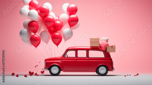 Red car with balloons delivering gifts for Valentine's Day. Generative AI,