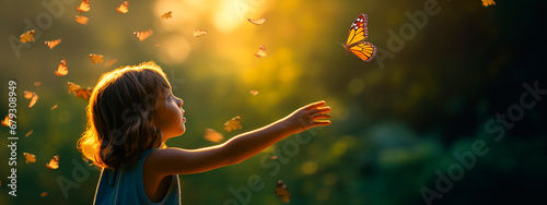 A child catches butterflies in nature. Generative AI,