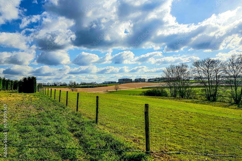Dutch agricultural landscape with plots with green grass, bare trees and buildings in background against blue sky covered with white clouds, sunny spring day in Beek, South Limburg, Netherlands