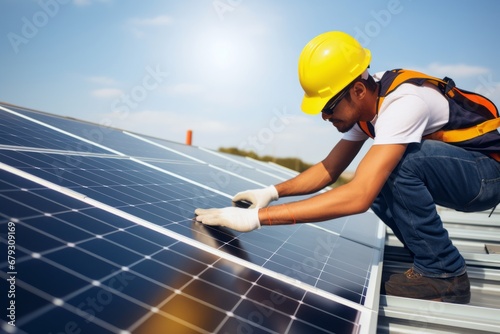 Green Energy Innovation: Solar Engineer Installing Panels on Rooftop