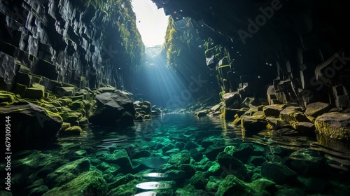 Underwater Cenote Adventure. Scuba Diving in Beautiful Cavern with Sunlight and Crystal Clear Water