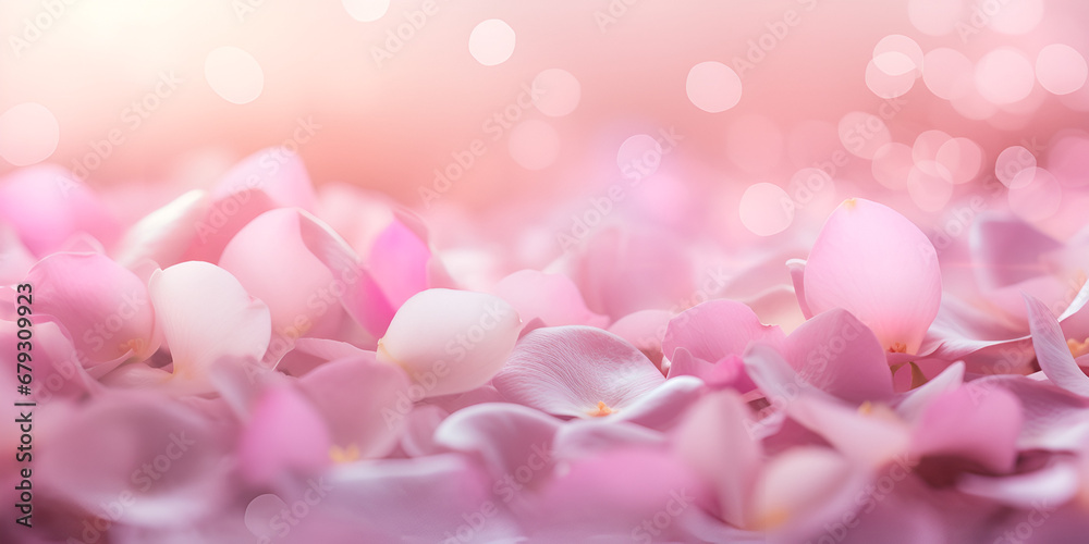 Pink roses petals on a golden bokeh, rose petals on light pink background, Tender spring pink textile petals, Beautiful flowers made with color filters in soft color and blur style, generative AI


