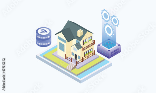 Isometric smart home concept.monitoring house system automatization performances, managing from mobile app with wifi.on white background.3D design.isometric vector design Illustration.