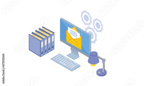 Isometric business office concept design.making promo email mailing, doing paperwork and works on computer at workplace.on white background.3D design.isometric vector design Illustration.