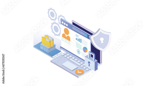 Isometric fraud protection concept  web scene. People protecting from hacker and internet data phishing attack, using cyber security technology.on white background.3D design.isometric vector design.