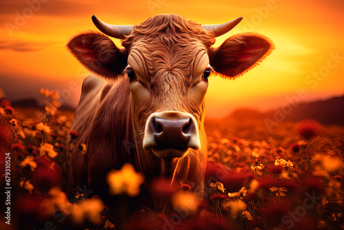A cow in a field of flowers on a sunset. Generative AI