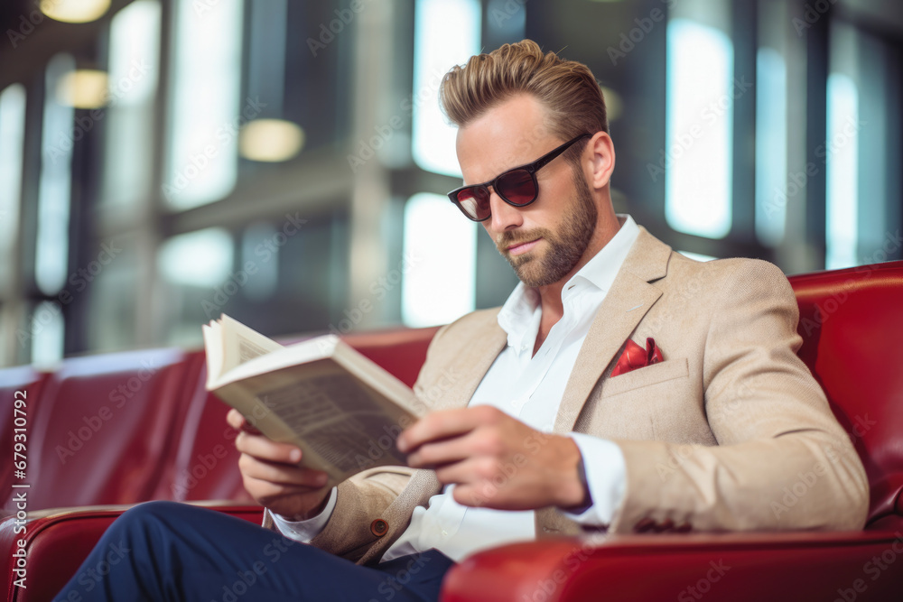 Businessman sitting in airport reading a book. Businessman sitting in airport reading a book.